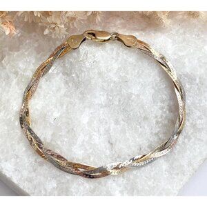 Italian HerringboneYellow Gold, Rose Gold & Silver 925 Vintage Bracelet - 7"